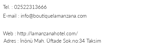 La Manzana Hotel telefon numaralar, faks, e-mail, posta adresi ve iletiim bilgileri